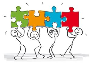 campuslab-wer-sind-wir Vier Strichmännchen halten jeweils ein Puzzleteil über den Kopf