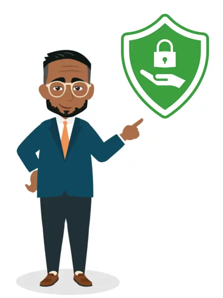 Visual zur Schulung Informationssicherheit – Charakter zeigt auf Sicherheitssymbol