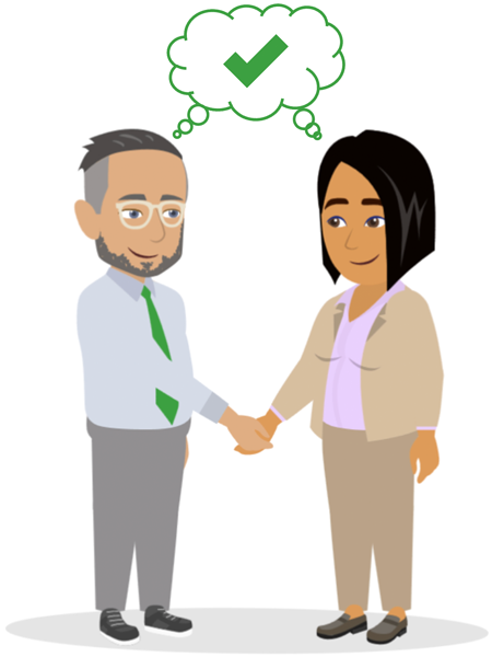 E-Learning Produktion - 2 Charaktere schütteln sich die Hände und arbeiten gut zusammen. CampusLab erstellt E-Learning Kurse für Unternehmen.