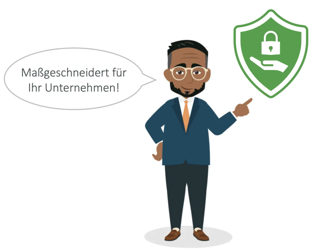 E-Learning Kurse für Informationssicherheit-maßgeschneidert für Ihr Unternehmen. Charakter zeigt auf ein Symbol für Informationssicherheit.