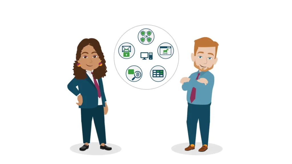 Kurs-ISEC-Thumbnail-2026-03-06_LQM Zwei Experten diskutieren zentrale Aspekte der IT-Sicherheit wie Angriffe, Schutzziele und Sicherheitsmaßnahmen anhand von grafischen Symbolen.