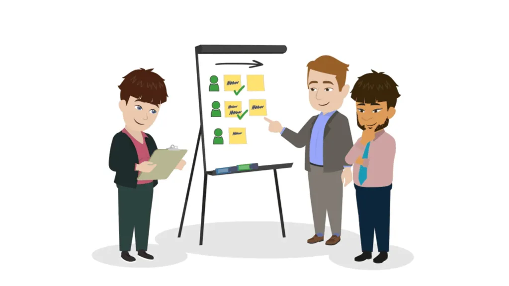 Kurs-IT-Projektmanagement-ITPM-allg-Thumbnail-2026-03-06_LQM Drei Kursteilnehmer planen ein IT-Projektmanagement-Szenario mit Post-Its an einem Flipchart.