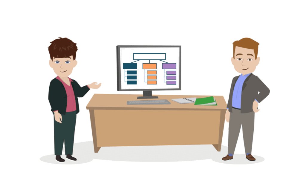 Kurs IT-Projektplanung PLT Thumbnail 2026-03-06_LQM Zwei IT-Spezialisten analysieren ein Projektablauf-Diagramm am Monitor zur IT-Projektplanung.