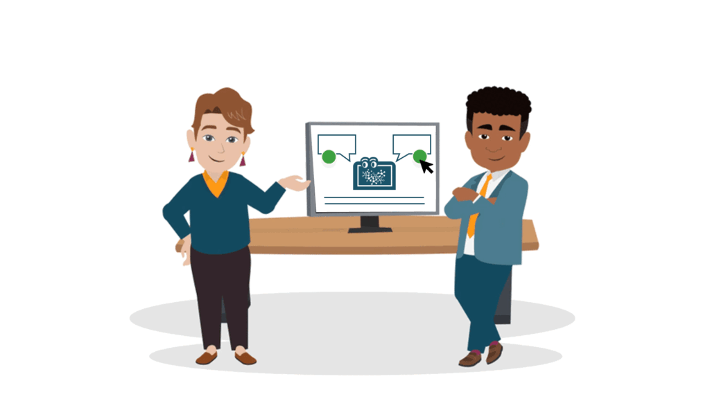 Zwei Teilnehmende des Kurs AI im Requirements Engineering stehen zusammen vor einem Bildschirm und präsentieren Kursinhalte. 