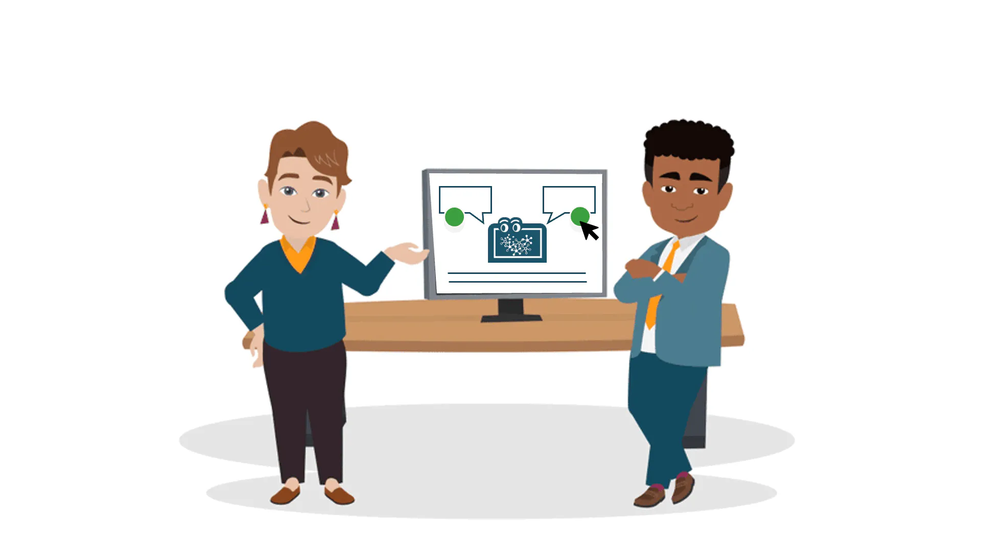 Illustration zweier RE-Praktiker vor einem Bildschirm mit Kursinhalten – Einstieg in den Basis-Kurs „KI im Requirements Engineering".