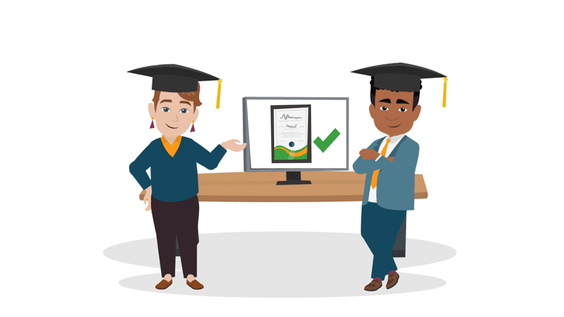 Illustration zweier Absolventen des Kurses AI im Requirements Engineering vor einem Bildschirm mit Zertifikat und Häkchen – symbolisiert den erfolgreichen Abschluss des IREB Micro Credential AI4RE.