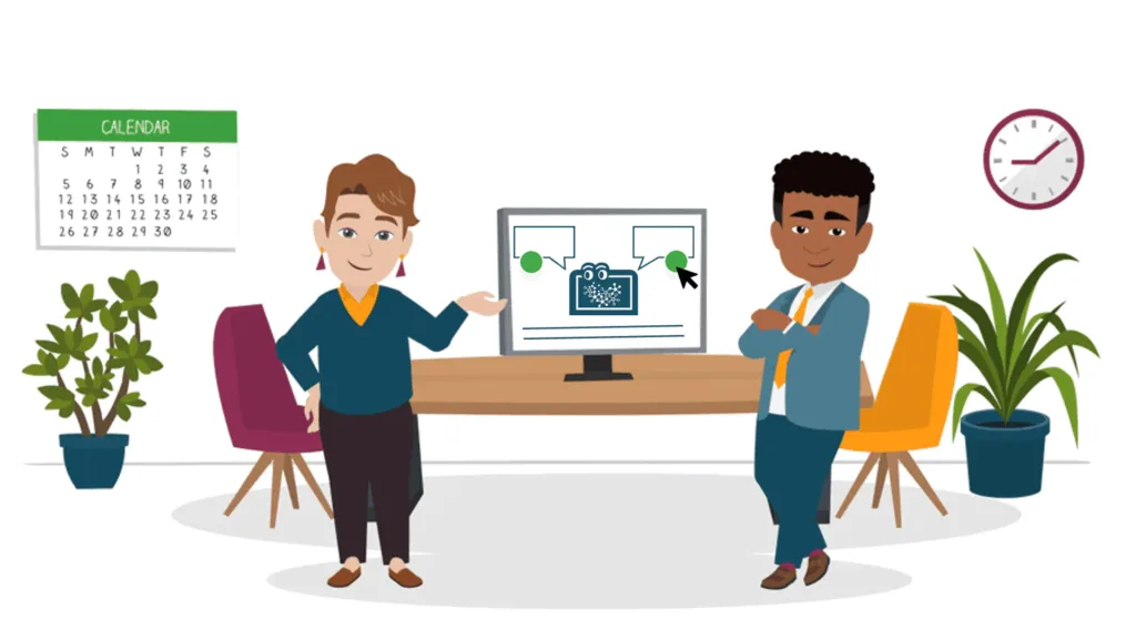 Zwei Personen aus dem Kurs AI im Requirements Engineering stehen vor einem Bildschirm.